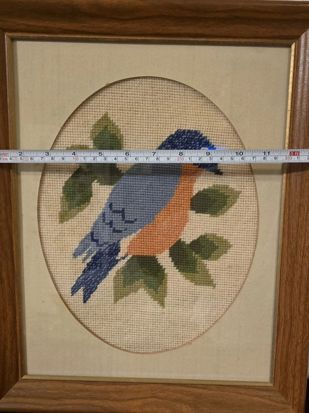 Vintage Framed Bluebird Cross Stitch Needlepoint Wall Art 13.5x16.5 Cottagecore